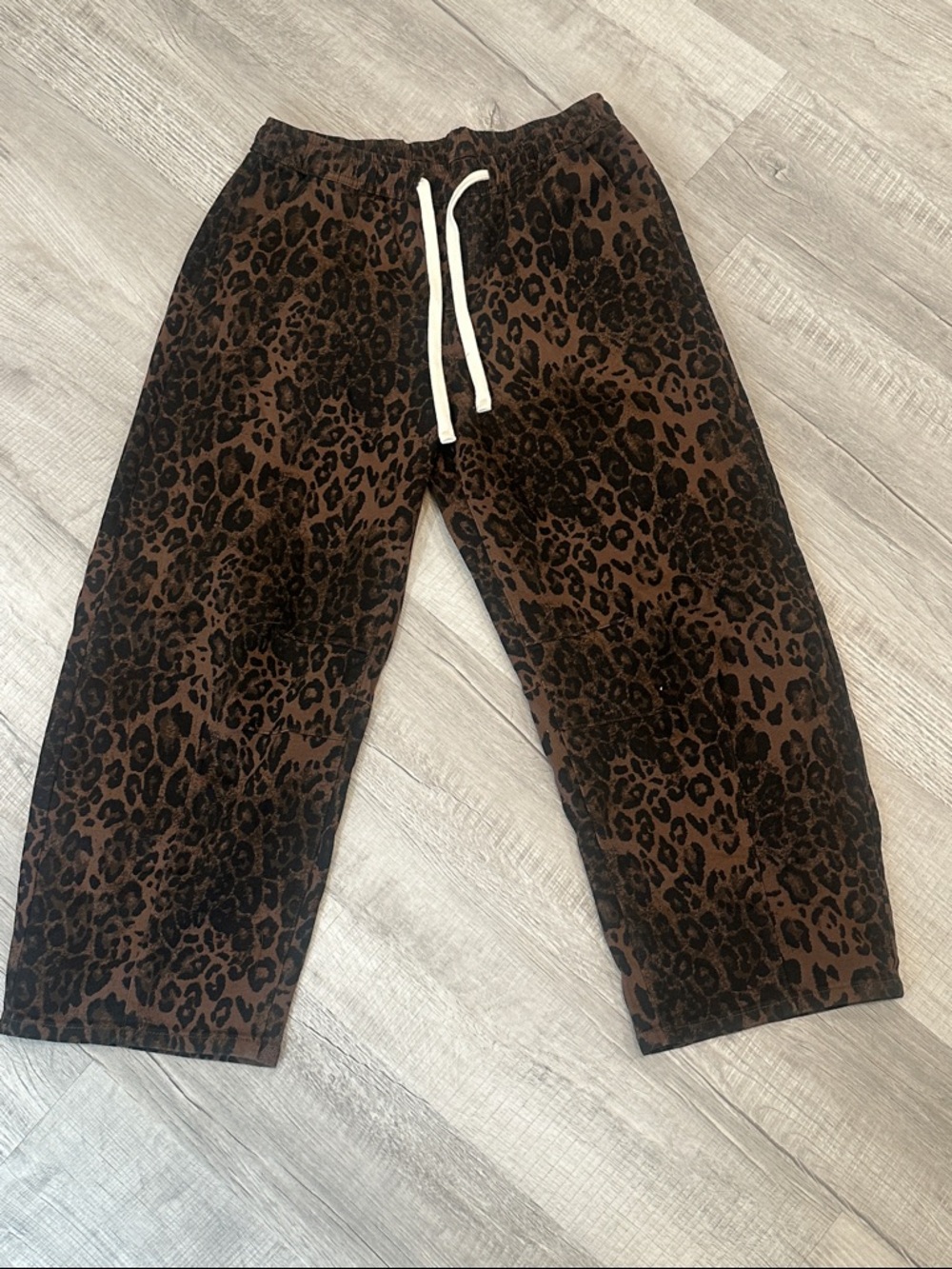 Women's Brown Leopard Print Drawstring Barrel Jeans